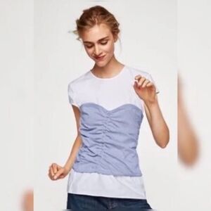 Zara White and Light Blue Ruched Front Short Sleeve Top